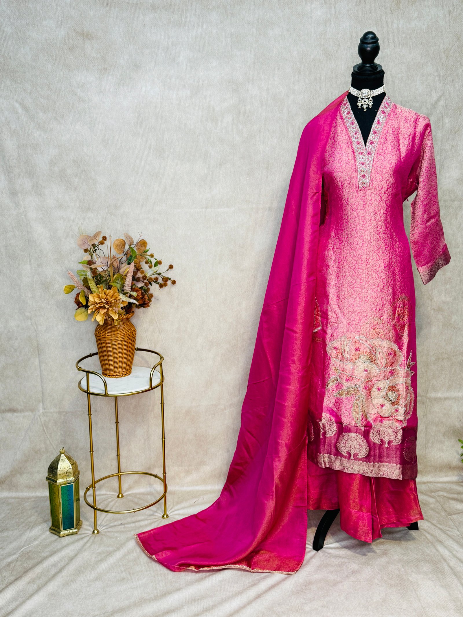 Rani Pink Banarasi Palazzo Suit Set